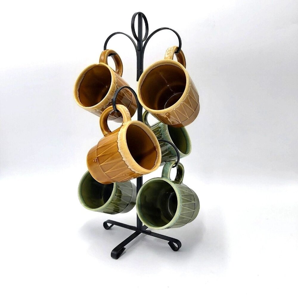 Mug Tree-6 Mugs-Brown and Green Drip Glaze-Stoneware-Made in Japan-Vintage 1970s